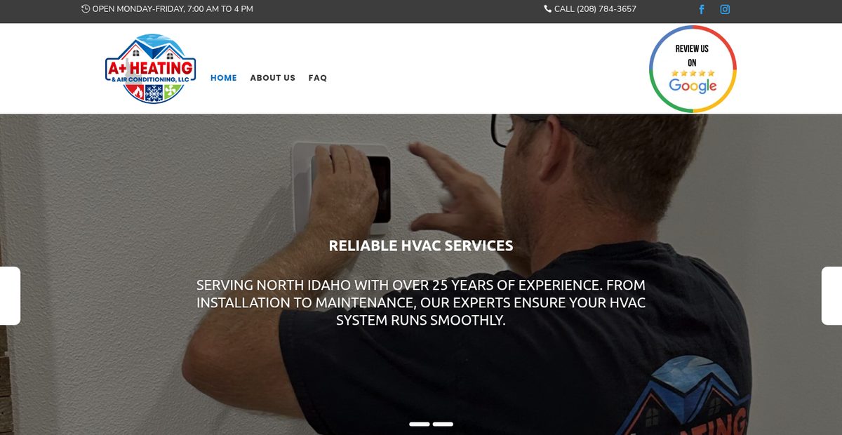 A+ Heating & AC website homepage on a desktop screen, built by Carey Enterprises
