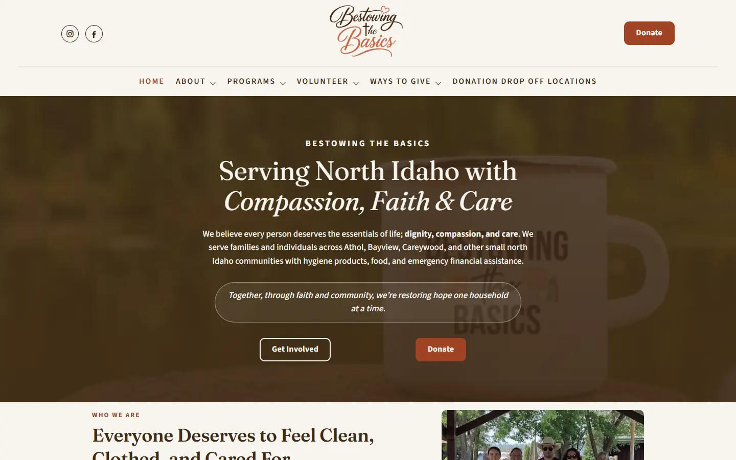 The new Bestowing the Basics homepage, built by Carey Enterprises for the Athol, Idaho nonprofit: a full menu, a Donate button, and the headline Serving North Idaho with Compassion, Faith and Care with Get Involved and Donate buttons