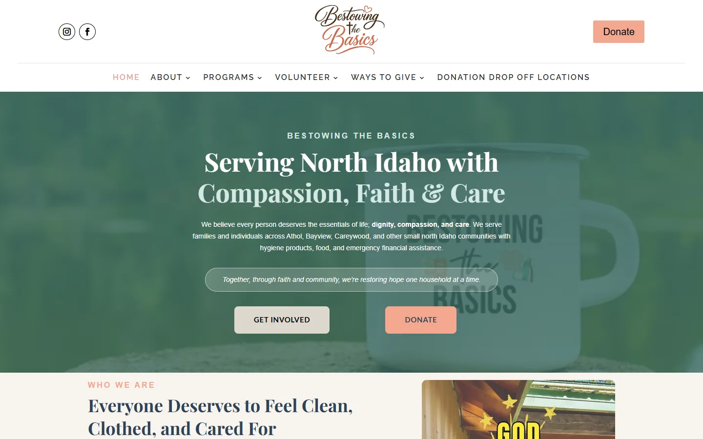 The new Bestowing the Basics homepage built by Carey Enterprises: a full menu, a Donate button, and the headline Serving North Idaho with Compassion, Faith and Care with Get Involved and Donate buttons
