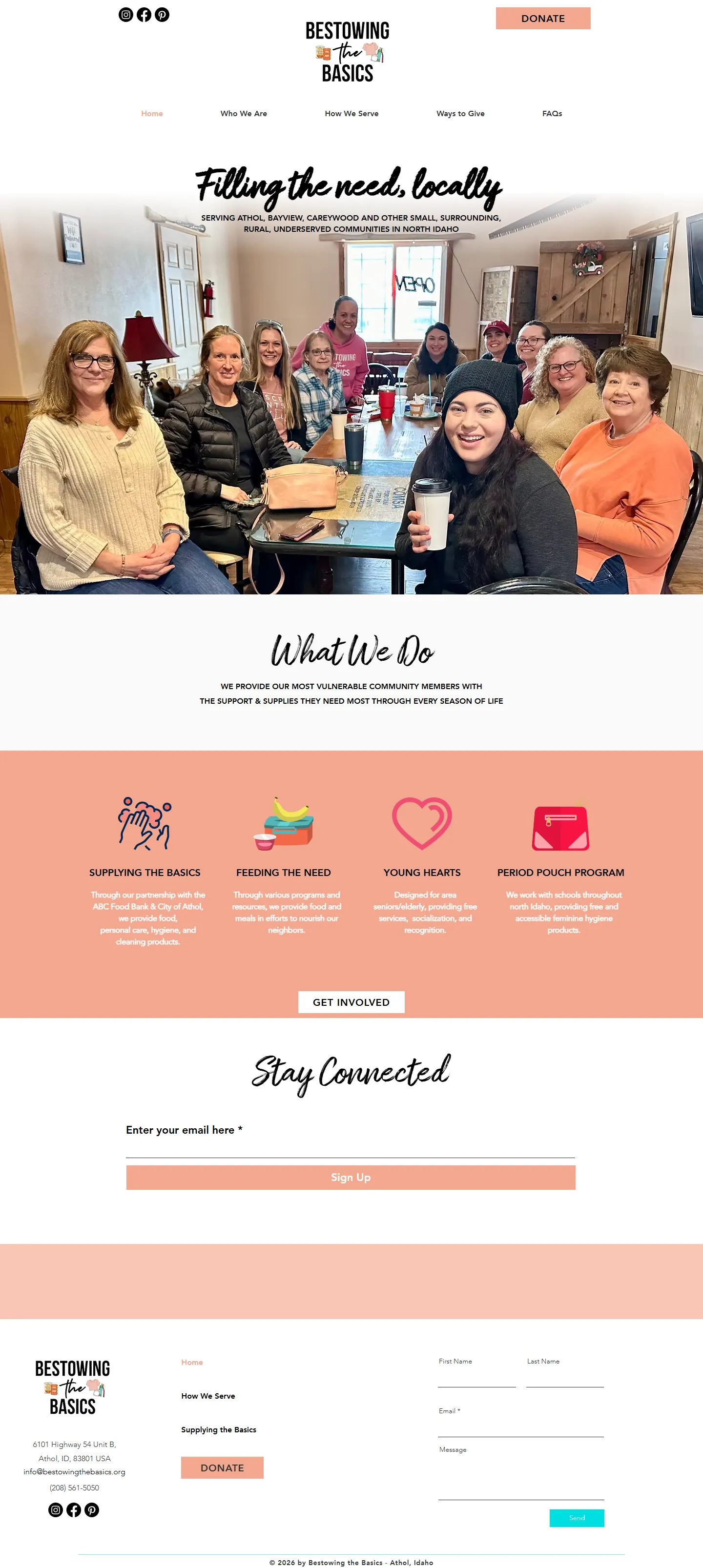 The whole old Bestowing the Basics homepage on Wix, top to bottom: logo and small menu, the Filling the need, locally slogan, a group photo, four program cards, an email sign-up, an empty colored band and a short footer