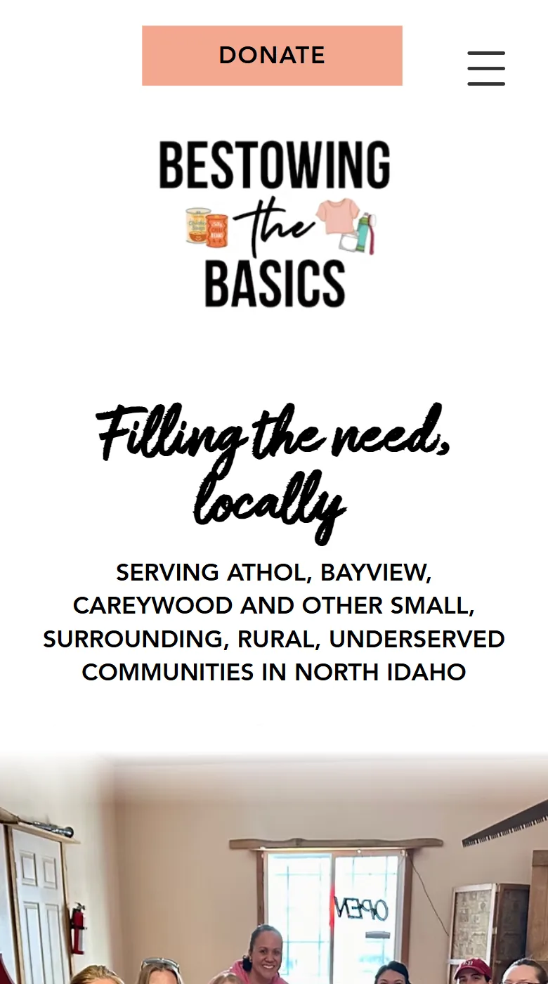The old Bestowing the Basics homepage on a phone: the logo and tagline fill the first screen before any photo or program