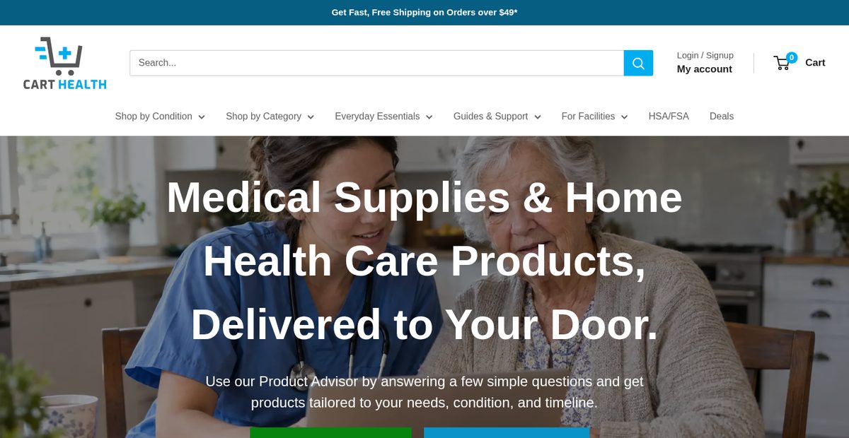 Cart Health online medical supply store homepage on a desktop screen, supported by Carey Enterprises