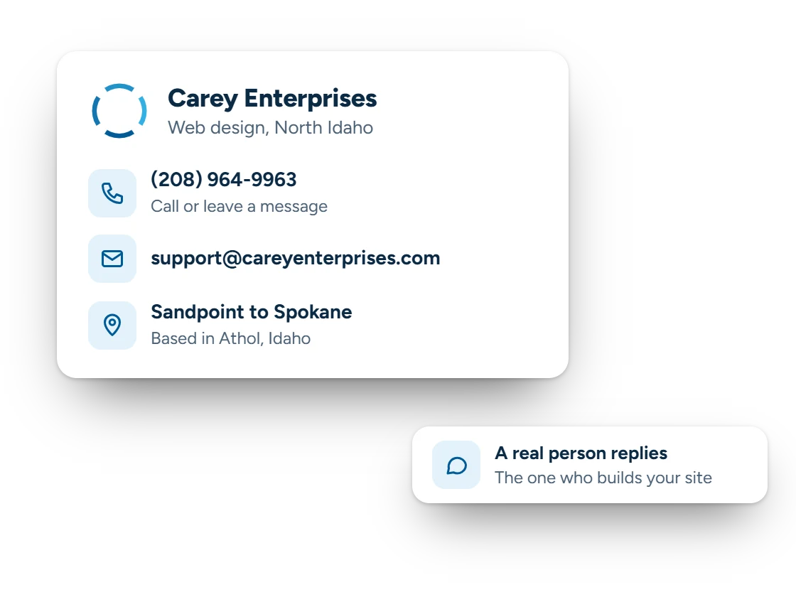 Carey Enterprises contact card with phone number (208) 964-9963, email support@careyenterprises.com and the Sandpoint to Spokane service area