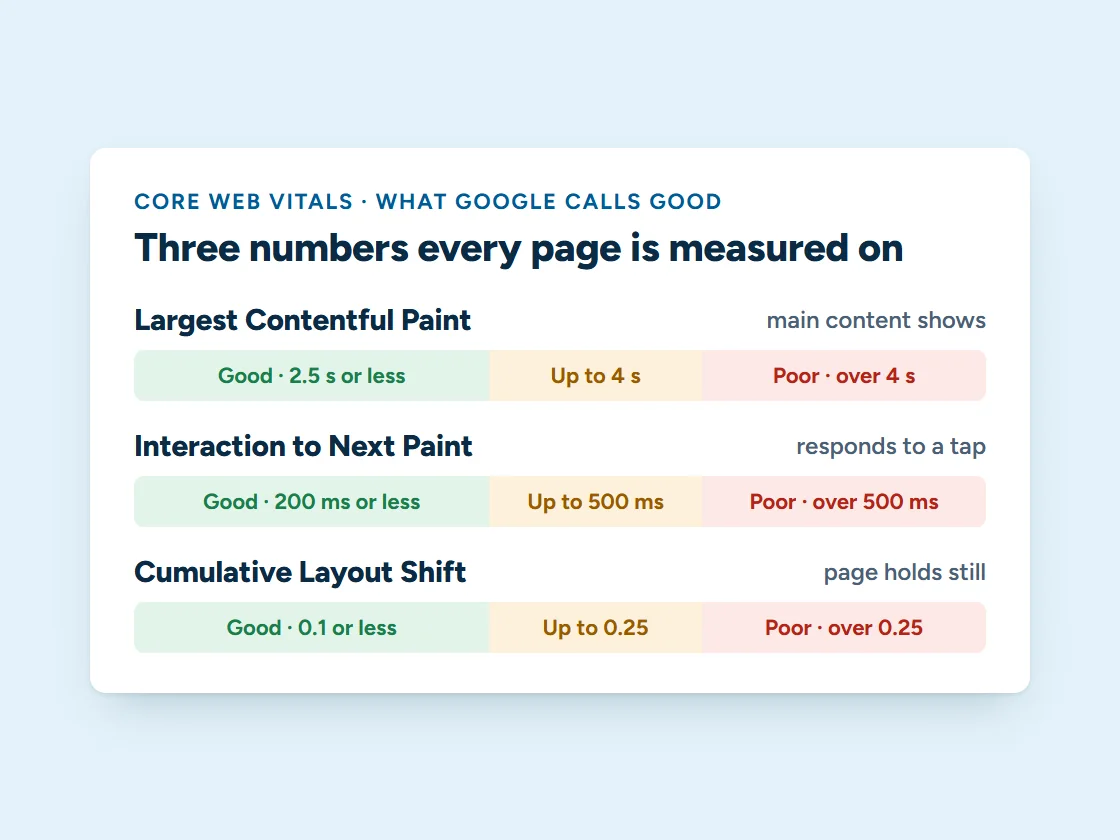 Core Web Vitals thresholds Google calls good: Largest Contentful Paint 2.5 seconds or less, Interaction to Next Paint 200 ms or less, Cumulative Layout Shift 0.1 or less