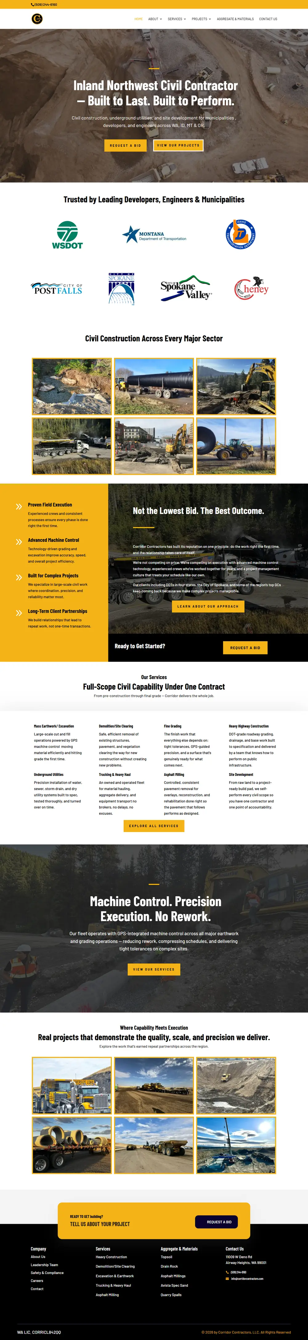 Full-page screenshot of the Corridor Contractors homepage rebuilt by Carey Enterprises: phone number, headline, Request a Bid buttons, DOT and city client logos, job-site photos, services, project gallery and contact footer