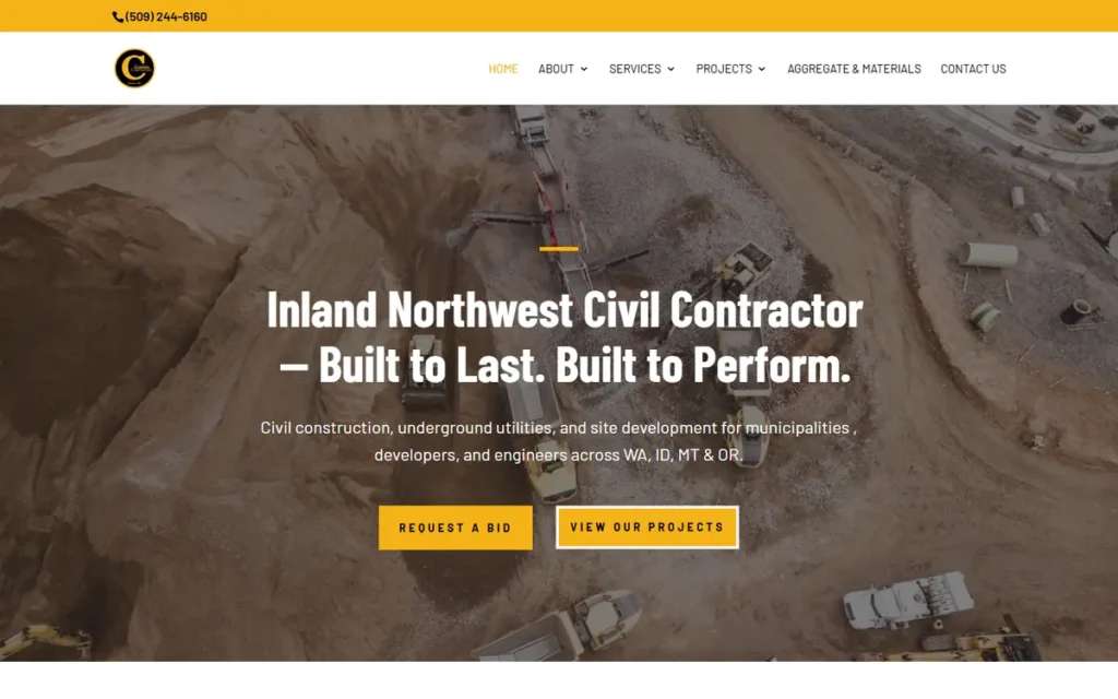 Top of the new Corridor Contractors homepage: phone number, menus and the Inland Northwest Civil Contractor headline with a Request a Bid button over a job-site photo