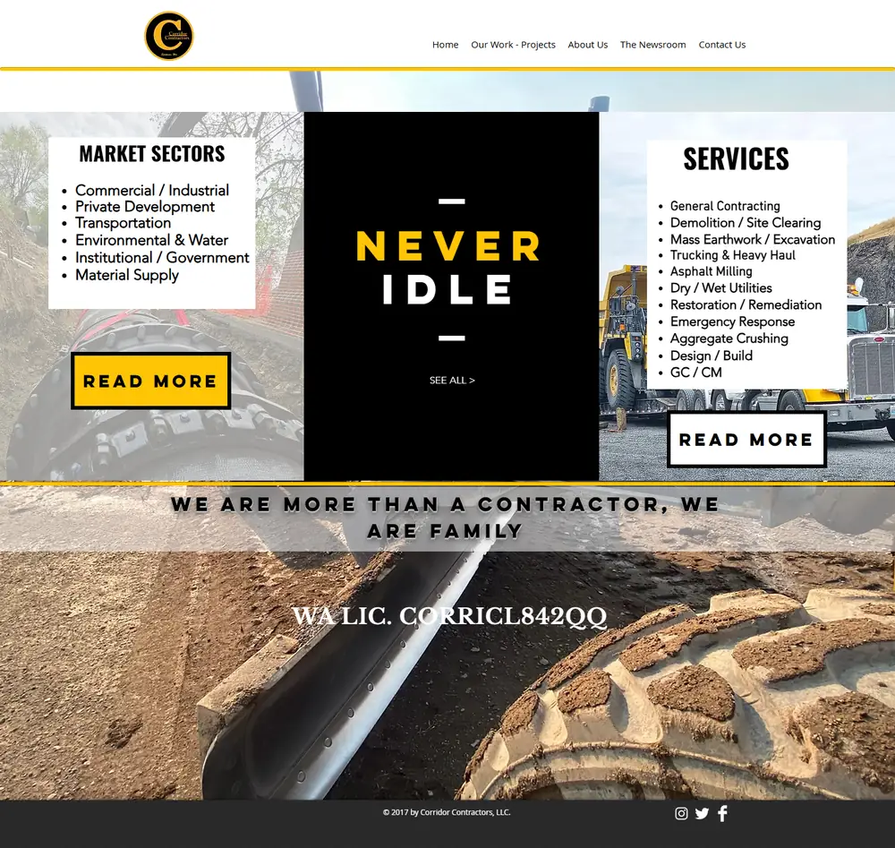 Corridor Contractors old Wix homepage from February 2026: a Never Idle banner, unlinked lists of market sectors and services, and no phone number