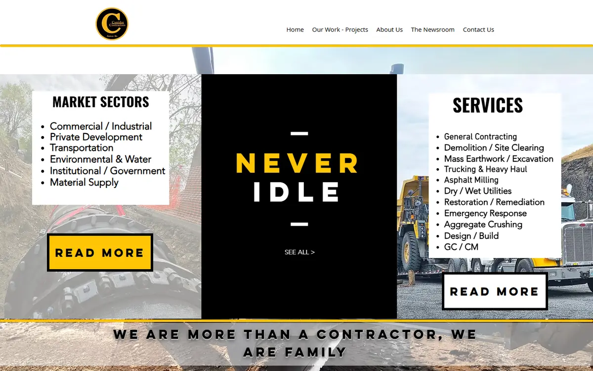 Top of the old Corridor Contractors Wix homepage: a Never Idle banner between unlinked lists of market sectors and services