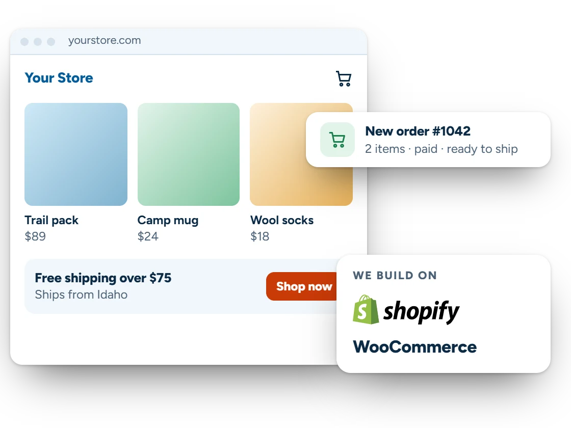Illustration of an online store with three products and a new paid order notification, with the Shopify logo and WooCommerce named as the platforms we build on