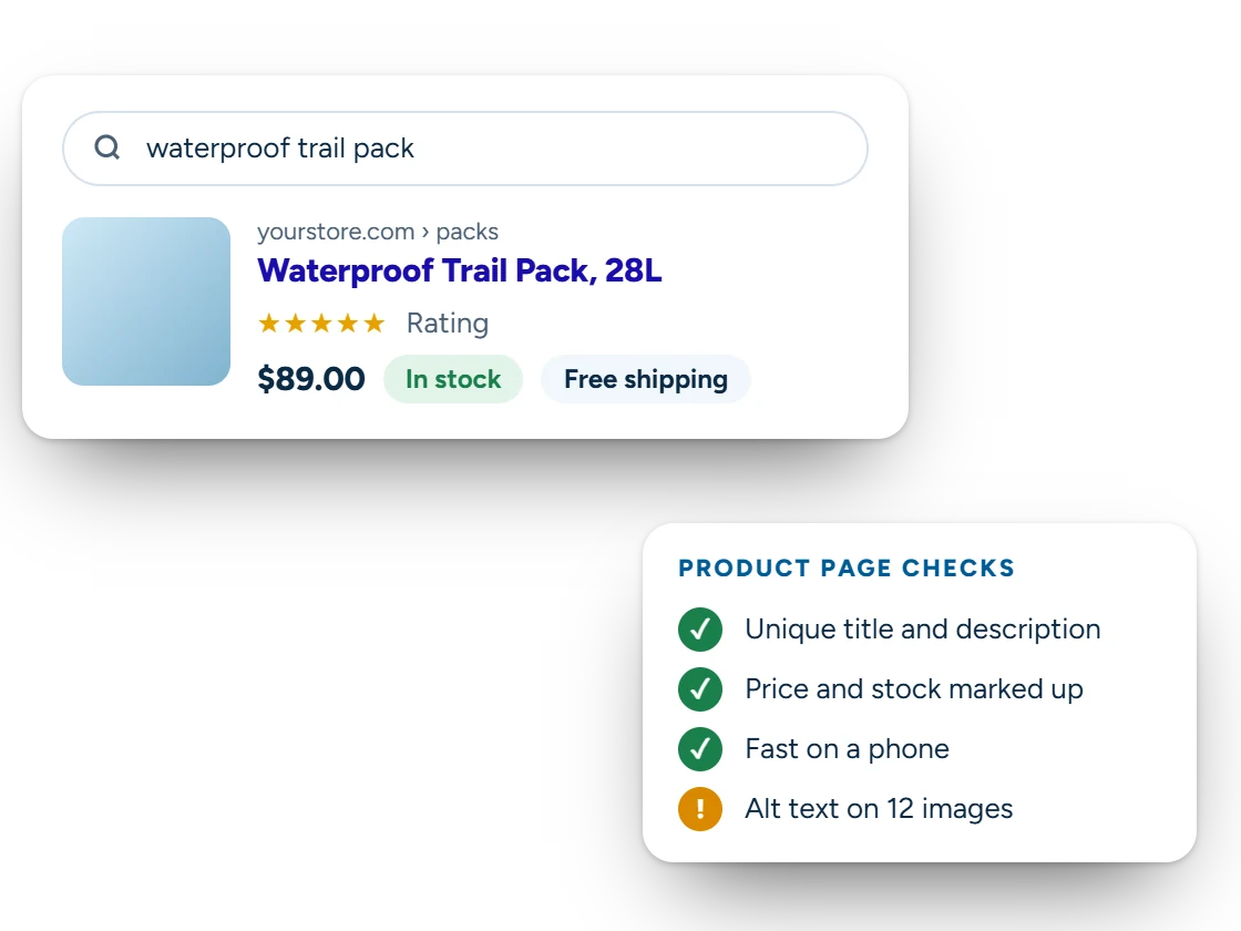 Illustration of a product search result showing price, rating and in-stock status, beside a checklist of product page fixes