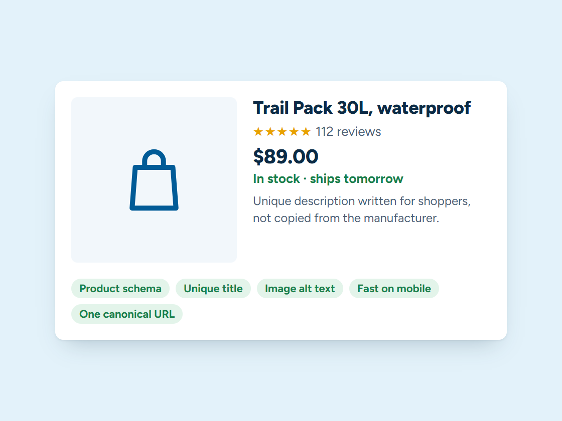 Illustration of an optimized product page with price, reviews, stock status and product schema
