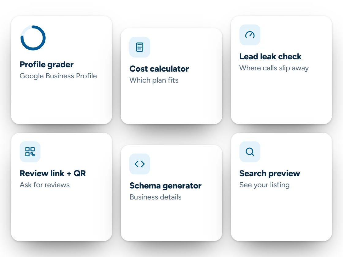 Illustration of the six free tools as cards: profile grader, cost calculator, lead leak check, review link and QR, schema generator and search preview