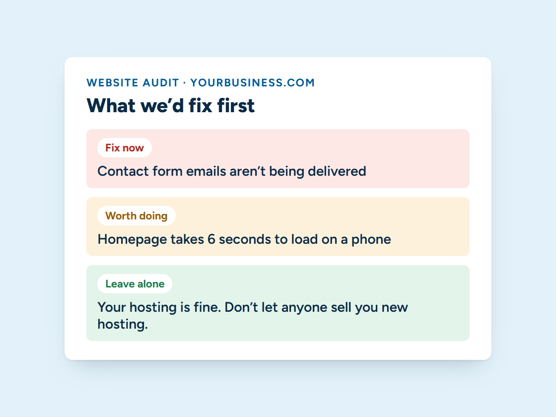 Sample website audit sorted into fix now, worth doing and leave alone