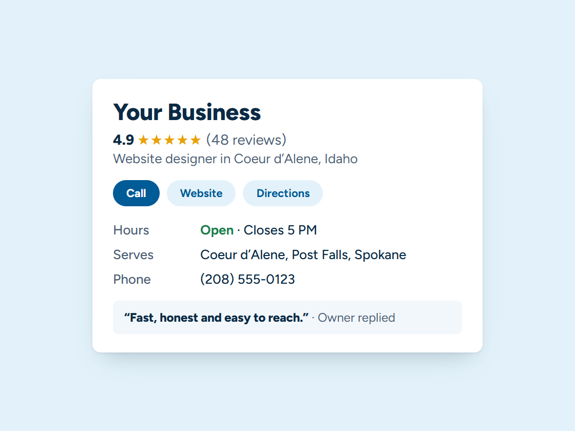 Illustration of a Google Business Profile with reviews, hours, service area and a call button
