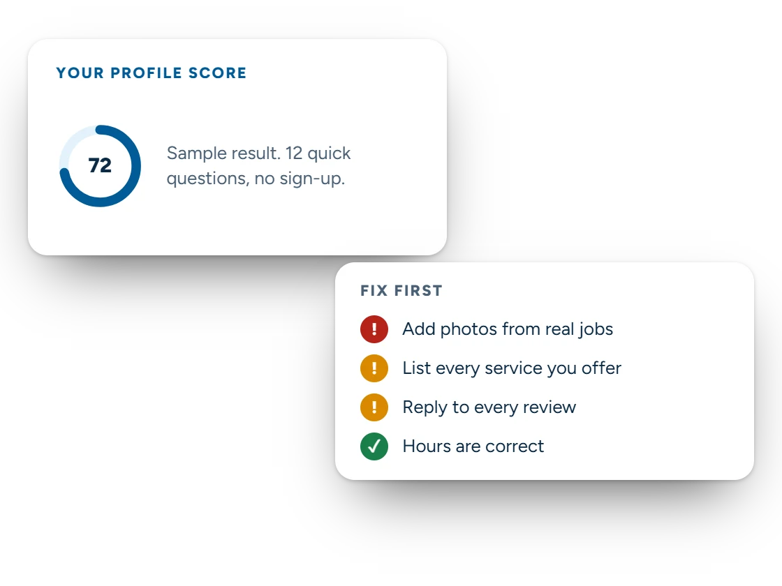 Illustration of a sample Google Business Profile score with a list of fixes to make first