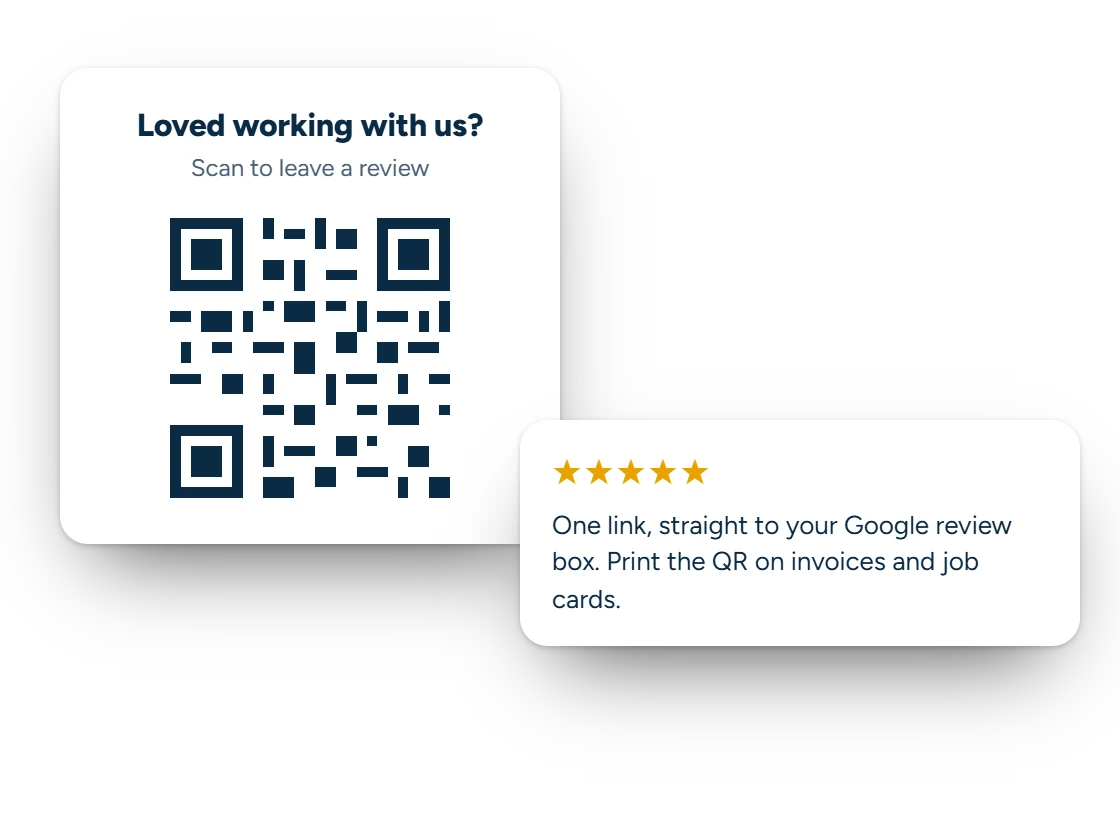 Illustration of a printable card with a QR code that opens a business’s Google review box