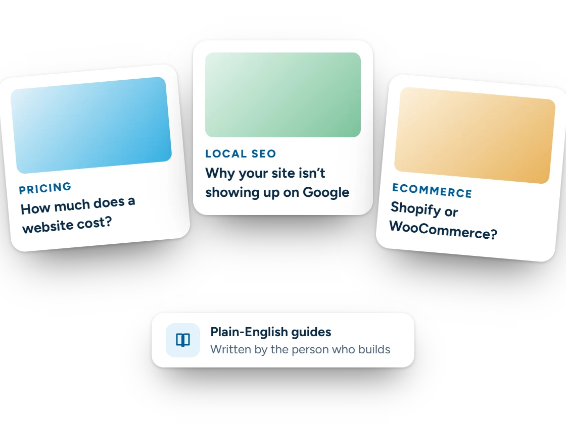 Illustration of three guide cards on website pricing, local SEO and choosing Shopify or WooCommerce