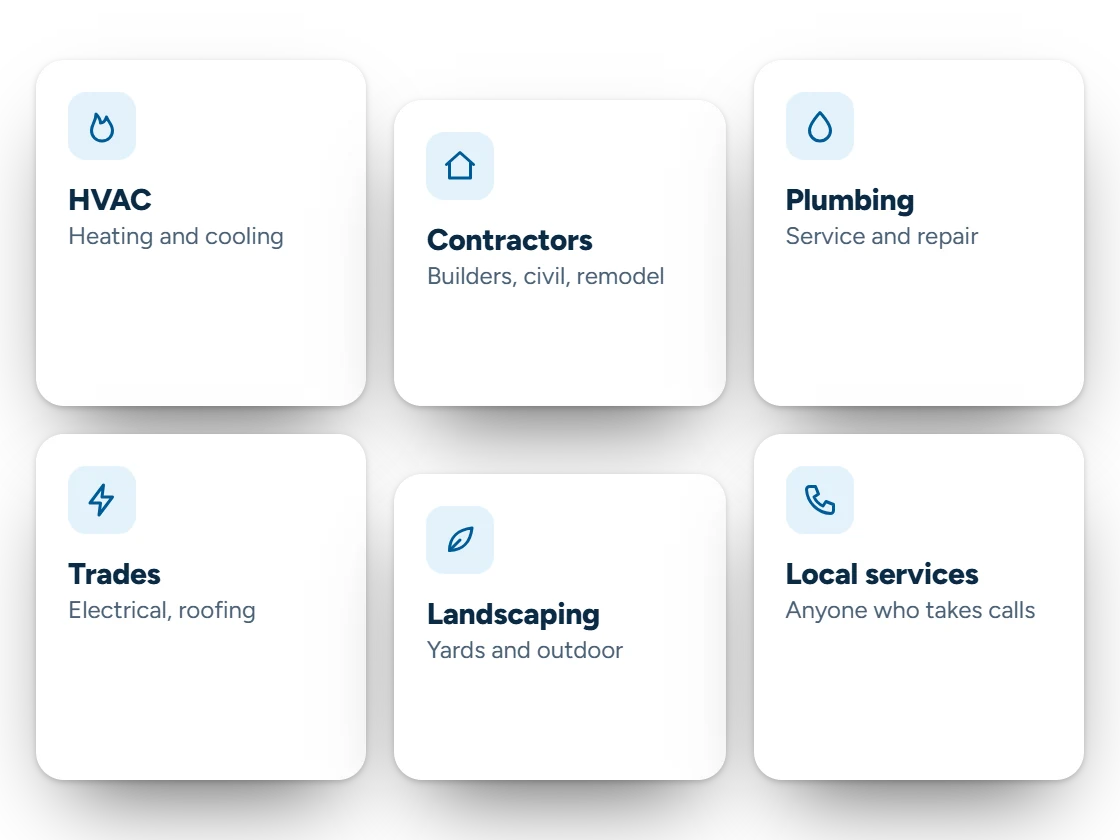 Illustration of trade industries as cards: HVAC, contractors, plumbing, trades, landscaping and local services
