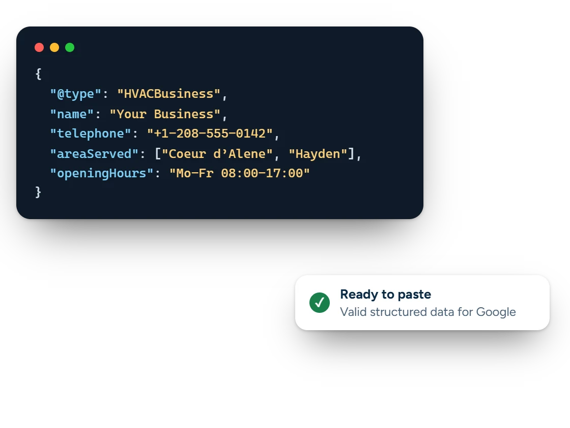 Illustration of generated local business structured data code, ready to paste