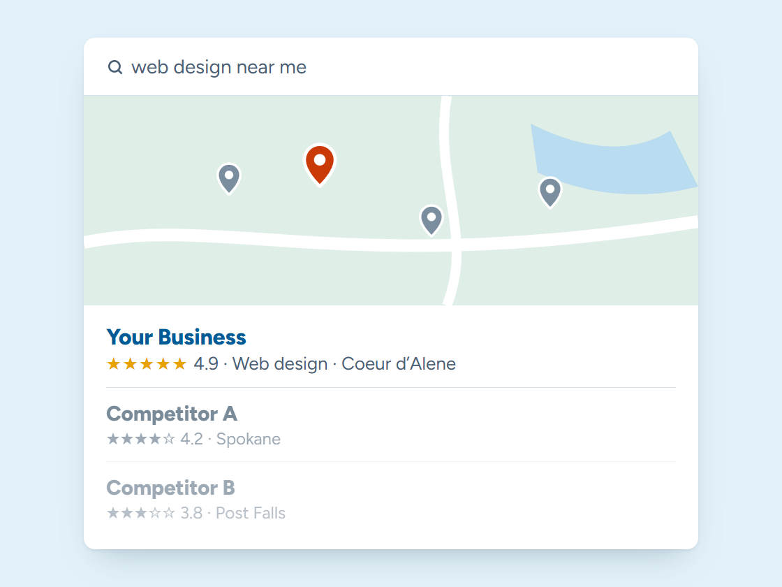 Illustration of local map search results with your business listed first