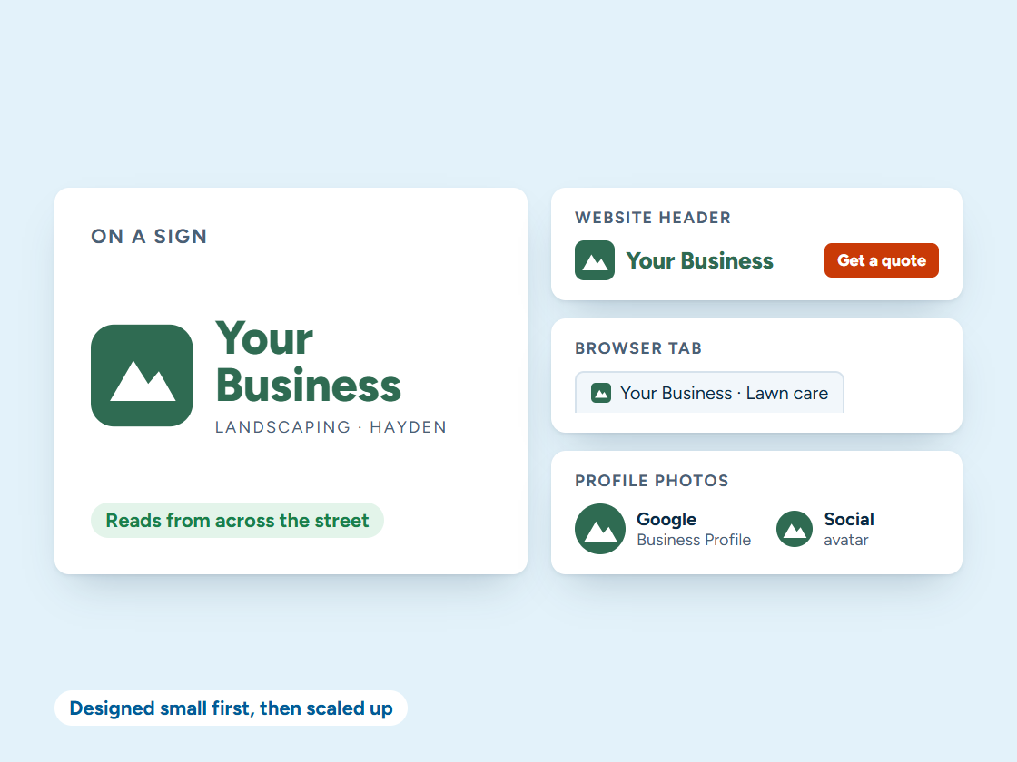 Illustration of one sample logo for a landscaping business at every size it is used: a sign, a website header, a browser tab, and Google Business Profile and social media profile photos
