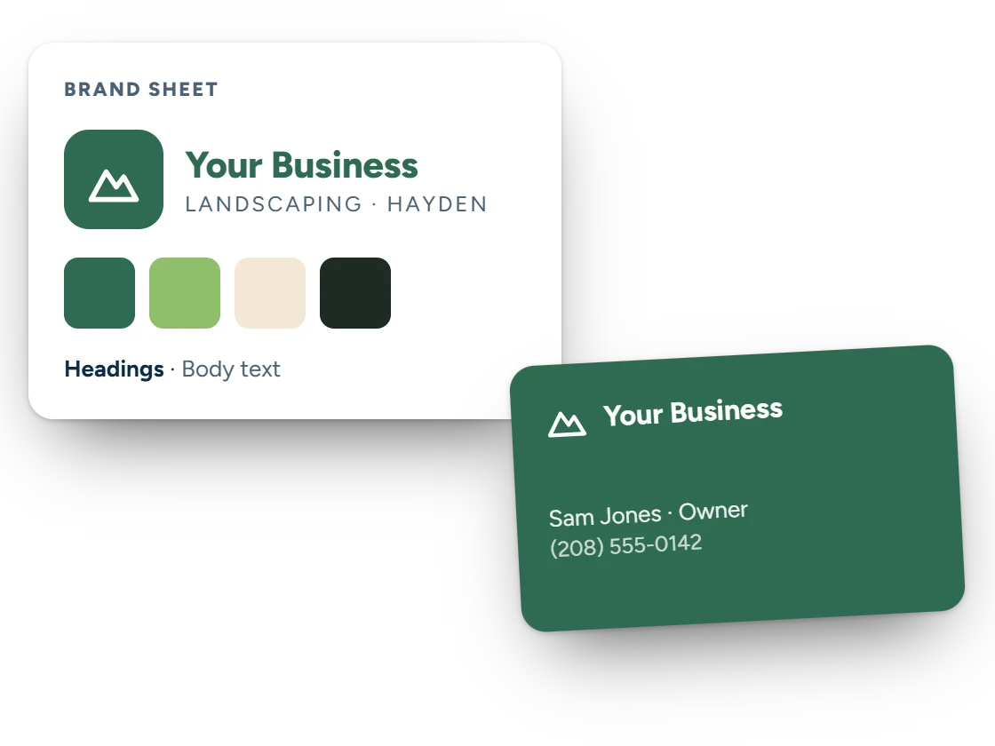 Illustration of a brand sheet for a sample landscaping business: logo, colors and type, with a matching business card