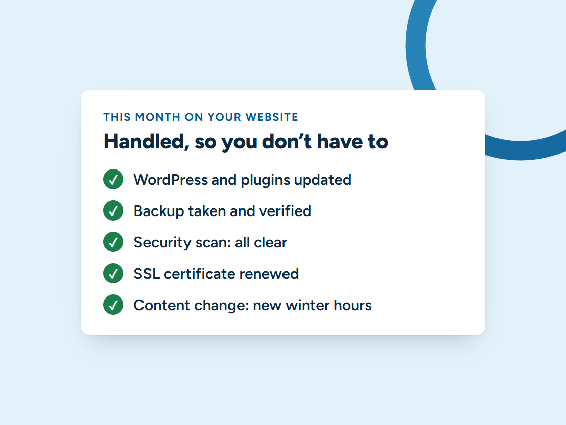 Checklist of monthly website care: updates, a verified backup, a security scan, SSL renewal and a content change