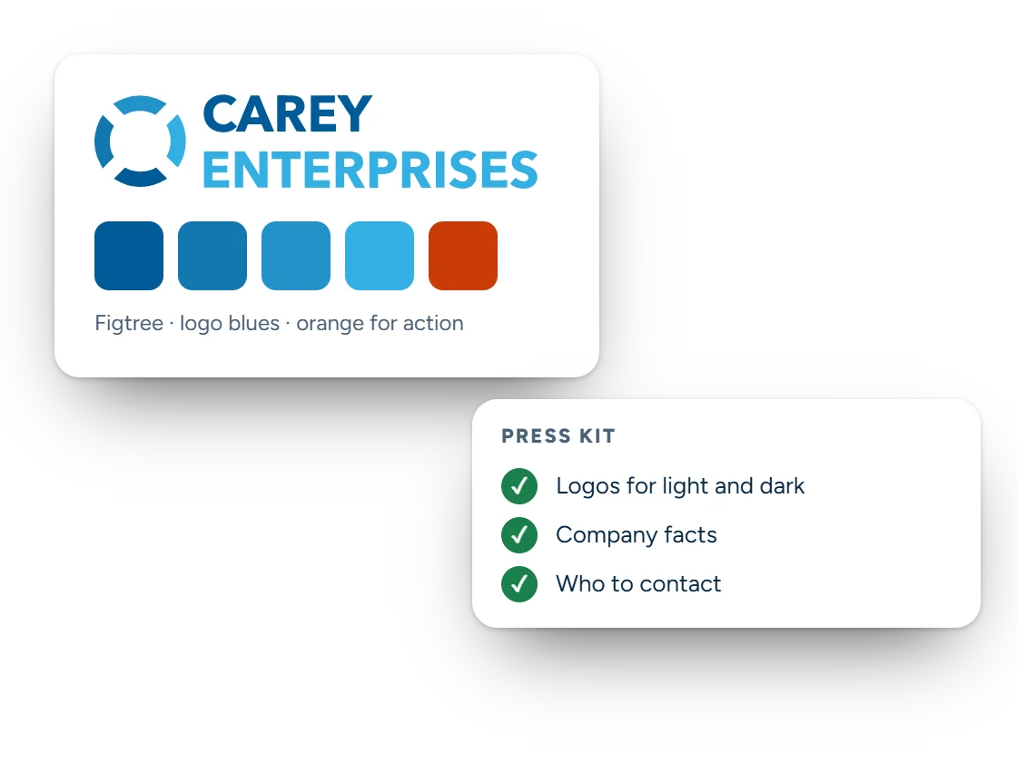 Carey Enterprises logo with brand colors and a press kit checklist