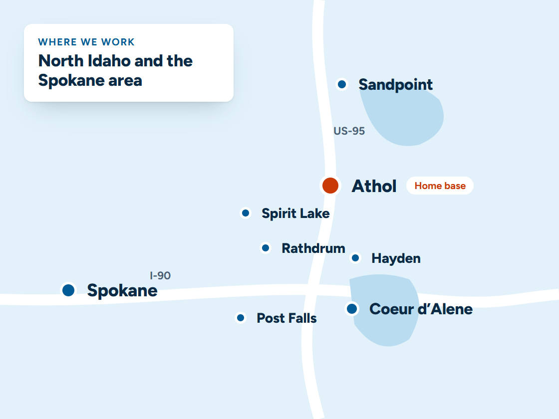 Map of the Carey Enterprises service area from Sandpoint to Spokane, with Athol as home base