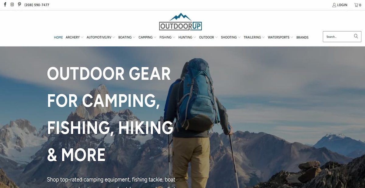 OutdoorUp outdoor gear online store homepage on a desktop screen, built by Carey Enterprises