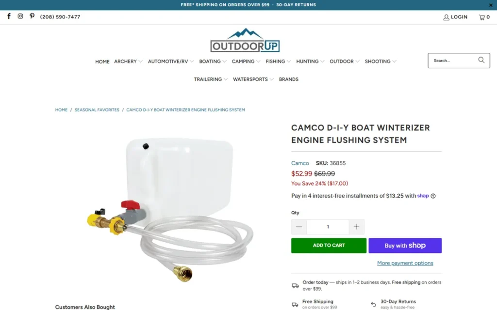 OutdoorUp product page for a boat winterizer kit with the sale price, add to cart, and a note that orders ship in 1 to 2 business days