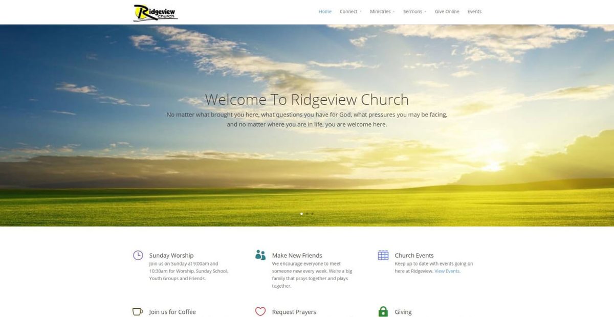 Ridgeview Church website homepage on a desktop screen, designed by Carey Enterprises