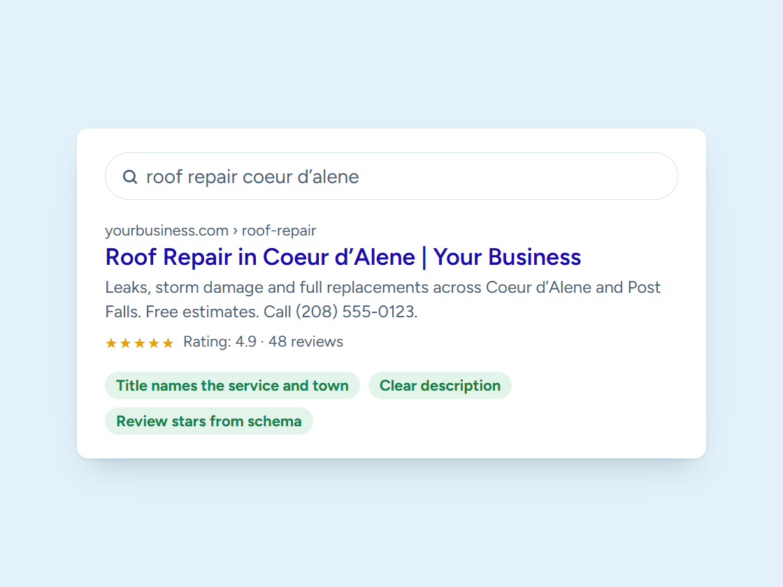 Illustration of a Google search result for a local service with a clear title, description and review stars