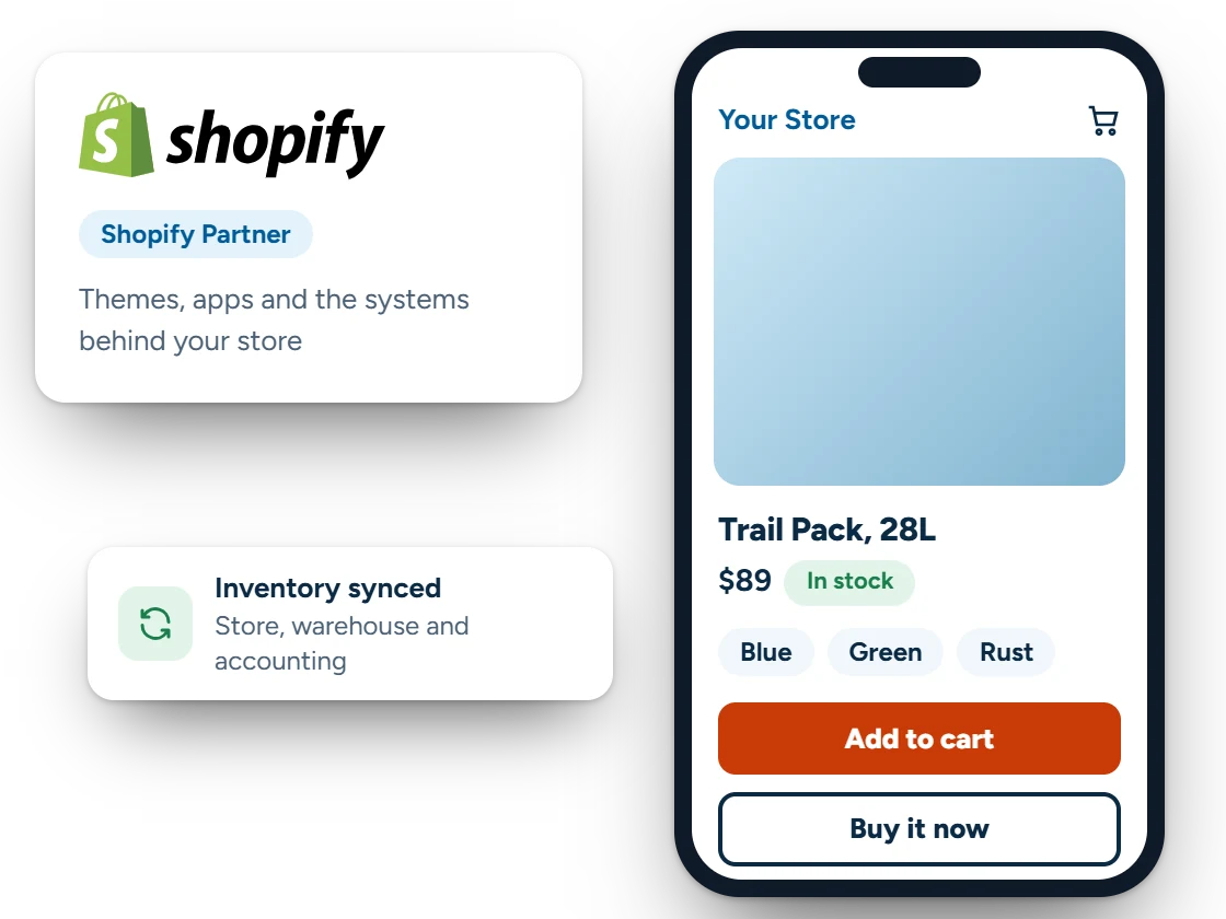 Shopify logo with a Shopify Partner label beside a phone showing a Shopify product page and an inventory-synced notification