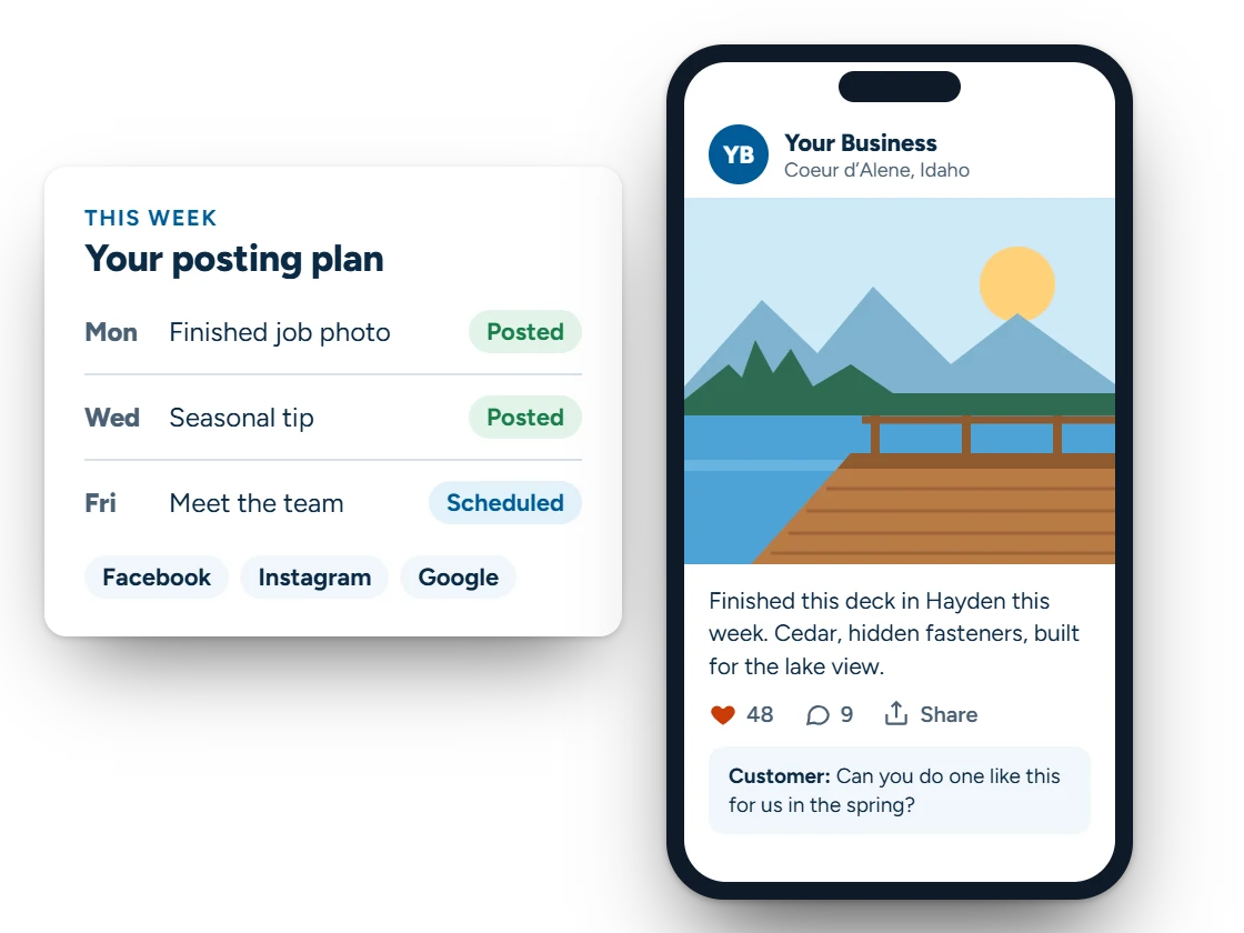 Illustration of a business’s weekly social media plan (a job photo and a seasonal tip posted, a team post scheduled on Facebook, Instagram and Google) beside a phone showing the finished-job post