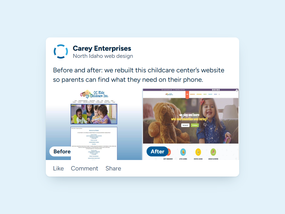 Carey Enterprises social media post showing a childcare center website before and after a rebuild