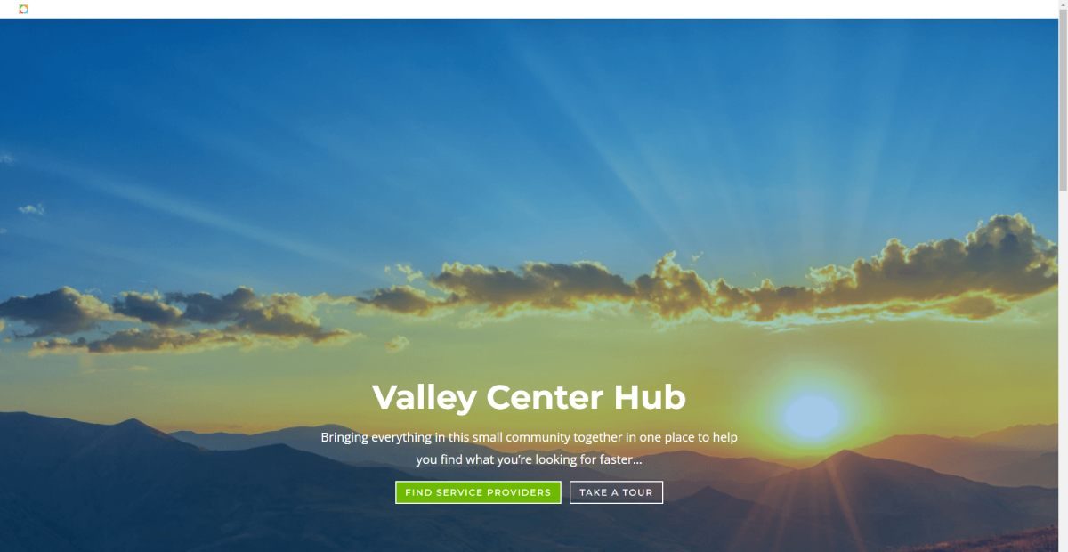Valley Center Hub community website homepage on a desktop screen, designed by Carey Enterprises