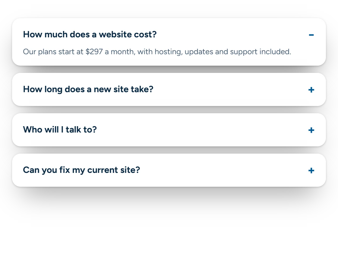 Illustration of common website questions as an expandable list, with the answer to how much a website costs open
