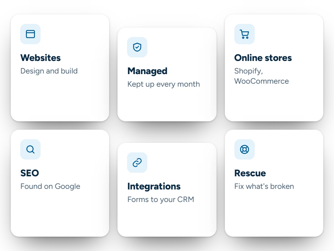 Illustration of the six Carey Enterprises services as cards: websites, managed websites, online stores, SEO, integrations and website rescue