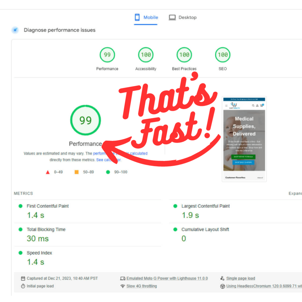 Google Page Speed Insights Score over 90 across the board