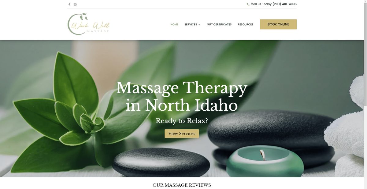Work Well Massage website homepage on a desktop screen, designed by Carey Enterprises